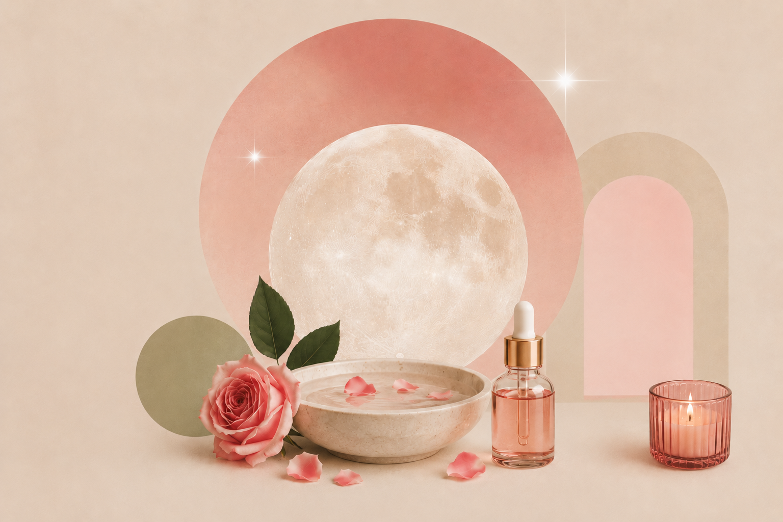 Moon, rose, candle and rose oil — the Aphrodite bath ritual altar